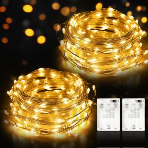 TRAHOO-Guirlande Lumineuse, 2 x 12M 120LED Guirlandes Lumineuses &agrave; Piles &Eacute;tanche Ext&eacute;rieur Int&eacute;rieur Girlande de Lumi&egrave;re pour No&euml;l Mariage Anniversaire F&ecirc;te Chambre Jardin Vase Rideau (Blanc Chaud) - Neuf