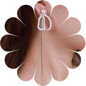 Kal-Boucles D'oreilles Pendantes En Perles Et Strass Longues Boucles D'oreilles Chandelier En Cz Boucles D'oreilles Cha&icirc;ne En Cristal Boucles D'oreilles Mariage En Perles Bijoux Pour Femmes Et - Neuf