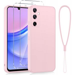 SJZG-Protection Compl&egrave;te Silicone Coque Pour Samsung Galaxy A15 4G/5G 6,5"" Avec 2 Pi&egrave;ces Verre Tremp&eacute;, Housse Fine Antirayures Anti Jaunissement &Eacute;tui Pour Samsung A15 Con Cordon, Pink - Neuf