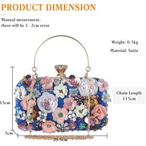 Pochette de soirée élégante bleue pour femme, sac fourre-tout à fleurs et strass, sac à bandoulière pour mariage, fête, banquet, mariage - Neuf