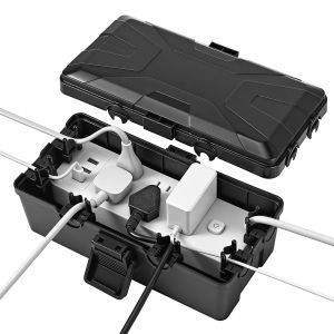 IP54 Boite Cache Cable Multiprise Noir 26,1 x 15 x 9,4 cm, Boite Multiprise, Boite Etanche Electrique Exterieur, Prot&eacute;gez Vos Prises, Fiches, Minuteurs Et Guirlandes De No&euml;l - Neuf