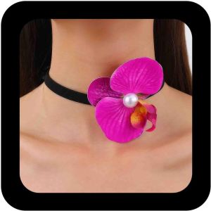 Kal-Collier Tour De Cou Boho En Cuir Orchidée Collier Fleur D'orchidée Exagérée Collier Tour De Cou Perle Courte Collier Fleur Vintage Collier Collier Fleur Perle Bijoux Pour Femmes (Jaune) - Neuf
