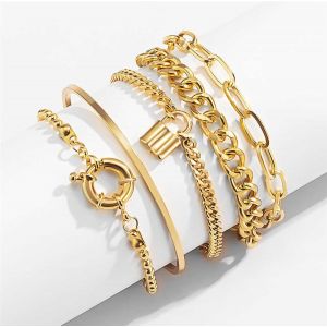 Eryi-® Lot De 5 Bracelets À Cadenas Tendance Simple Avec Chaîne En Or Avec Fermoir Empilable Pour Femme - Bracelet À Perles Réglable - Chaîne À Fil Plat (Or) - Neuf