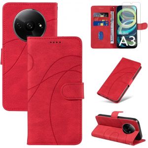 Kal-Coque Pour Xiaomi Redmi A3 Avec 1 Pièce Protection Écran En Verre Trempé, Housse Pu Cuir À Rabat Flip, Étui Support Et Portefeuille Fonction (Rouge) - Neuf