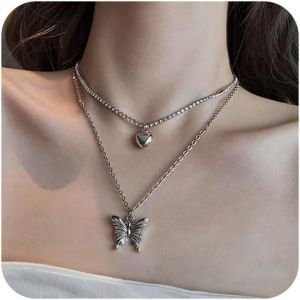 Kal-Collier Pendentif Papillon Boho Collier Ras De Cou Argent&eacute; Pendentif Amour Collier Ras De Cou En Cristal Collier Cha&icirc;ne Superpos&eacute;e Collier Cha&icirc;ne Insecte Bijoux Pour Femmes Et Filles - Neuf
