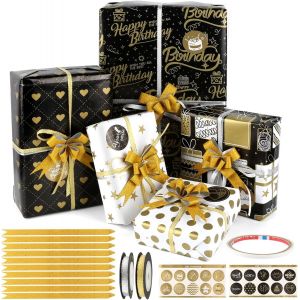 Lot De 10 Rouleaux De Papier Cadeau Noir Et Doré ,Ensemble De Papier Cadeau D'anniversaire ,Comprend Du Papier D'emballage Cadeau ,Du Ruban Adhésif Double Face ,Du Ruban Encreur ,Des Autocollants De - Neuf
