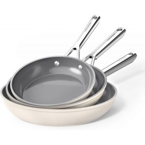 SUBZONAL-Set de 3 Po&ecirc;les en C&eacute;ramique Diamant Titane (20+24+28 cm) - Rev&ecirc;tement Antiadh&eacute;sif Sans PTFE/PFOA/PFAS - Poign&eacute;e Restant Froide - Compatible Induction & Four - Lave-Vaisselle -Blanc Laiteux - Neuf