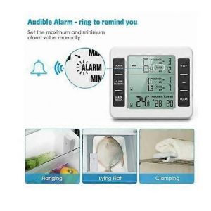 Thermom&egrave;tre de r&eacute;frig&eacute;rateur, thermom&egrave;tre de r&eacute;frig&eacute;rateur avec alarme de cong&eacute;lateur, thermom&egrave;tre int&eacute;rieur ext&eacute;rieur sans fil avec 2 capteurs, alarme MIN/MAX et temp&eacute;rature, C - Neuf