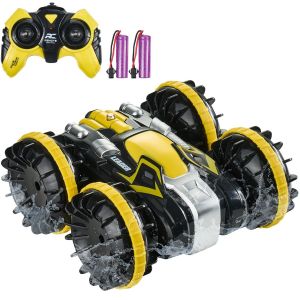 SANSH-Voiture Télécommandée Amphibie, 2,4 GHz 12 km/h, Voiture RC Étanche 4WD Tout-Terrain pour Enfants, Voiture Cascadeuse Rotative à 360°, Jouet de Piscine pour Garçons Filles 6 Ans et Plus, Jaune - Neuf