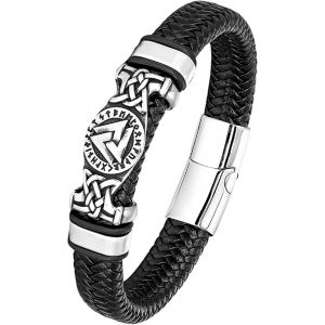 Bracelet Homme Cuir, Bracelet Vikings Homme, Croix Chretienne Hommes Bracelets Acier Argent Noir, Bijoux Cadeau Hommes - Neuf