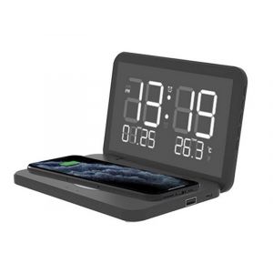 R&eacute;veil-Matin Avec Chargeur Rapide Sans Fil, Port Usb Et &Eacute;cran Miroir Led - Noir - Neuf