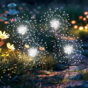 Lot De 4 Solaires Ext&eacute;rieur Jardin,120 Led Feux D'Artifice Solaires,&Eacute;tanche Lampe Solaire De Pissenlit Pour Cour, Pelouse, F&ecirc;te, Patio, D&eacute;coration De Mariage (Blanc Froid) - Neuf