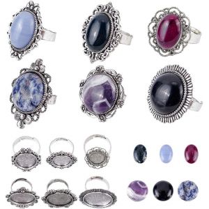 12pcs 6 Styles Param&egrave;tres De Bague En Argent Antique R&eacute;glable Blanc Fleur Creuse Ovale Ronde Avec Cabochons De Pierres Pr&eacute;cieuses Color&eacute;es Kit De Fabrication De Bagues Pour Bijoux - Neuf