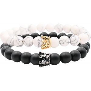 Eryi-Bracelet En Pierres Naturelles 2 Pack - Distance Couple Bracelet Avec Crown King & Queen Noir Mat Agate & White Howlite 8 Mm Bracelet Perles - Neuf