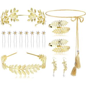 Kalvd-14pcs Costume Déesse Grecque Pour Femme Feuilles Laurier Doré Couronne Haut Bras Bobine Bracelet Cheveux Headpiece Boucles D'oreilles Toga Taille Ceinture Accessoires Bijoux Pour Halloween - Neuf