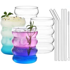 Lot De 4 Verres Ondul&eacute;s Vintage 355 Ml Avec Pailles - Neuf