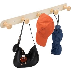 Pat&egrave;re murale avec 5 crochets en bois pour salle de bain, chambre &agrave; coucher, entr&eacute;e, porte-parapluie, sac &agrave; main - Neuf