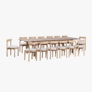 Set de table rectangulaire extensible Duala 250-310x105 cm et 14 chaises de salle &agrave; manger en bois d'acacia Nualis Brun Acacia - Neuf