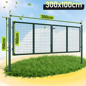 Portail De Jardin Double Battant - Vert, 300x100cm - Portillon Grillag&eacute; - Avec Poign&eacute;e, Serrure, Cl&eacute;s Et Verrouillage Au Sol - Acier Galvanis&eacute; - Neuf