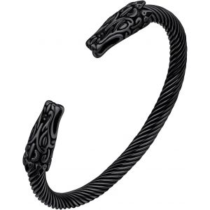 Eryi-Bracelet Viking Homme,Bracelets Tête De Loup Fenrir/Corbeau/Dragon,Acier Inoxydable/Noir,Jonc Ouverte,Bijoux Nordique Gothique (Boîte Cadeau) - Neuf