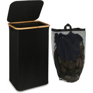 CHECARZHN--NO1-Grand Panier À Linge Avec Couvercle, 100L Panier Linge Sale Avec Poignées En Bambou Pour Vêtements, Bac A Linge Laundry Basket Xxl Pliable Avec Sac Intérieur Noir - Neuf