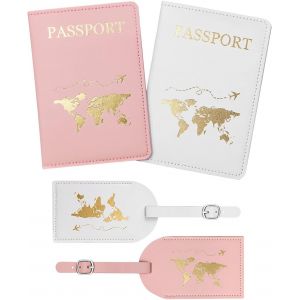 Lot de 2 couvre pour les passeports et les 2 étiquettes à bagages, un sac pour le passeport, Monsieur et Madame et étiquette d'identification pour bagages, pour le mariage, lune de miel, voyage - Neuf