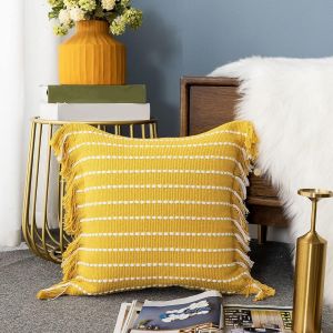 Ksfal-Housse De Coussin Décorative À Pompons En Coton Tissé Carré Pour Canapé,Chambre À Coucher,Salon,Jaune Et Blanc 45x45 Cm - Neuf