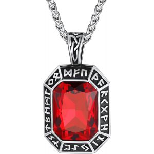 Tianyi-Collier Pendnetif Rune Viking Pour Homme Femme En Acier Inoxydable Collers Personnalisé Grande Pierre Zircon Rouge/Noir/Bleu/Vert Chaîne Argent 55cm+5cm Réglable Bijou Fête Des Pères - Neuf