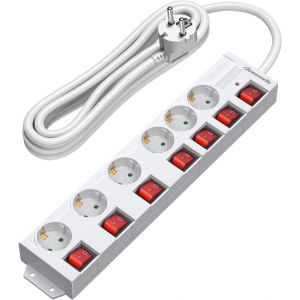 Multiprise 6 Prises avec 7 Interrupteurs Individuel, 3680W Max, Montage Mural, S&eacute;curit&eacute; Enfants, Rallonge Multiprise Parafoudre et Surtension avec C&acirc;ble 5M & Prises 90&deg;, Blanc - Neuf