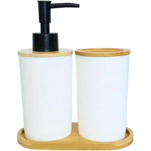 KAL-Ensemble Distributeur De Savon Pour Salle De Bain Et Gobelet Avec Bambou, Distributeur De Savon Et Porte-Brosse Pour Salle De Bain Moderne 400 Ml, Accessoires Cuisine Et Salle De Bain, Savon Liqu - Neuf
