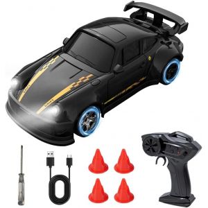 KAJGL-Voiture Télécommandée Drift,1:64 Mini Voiture Télécommandée Avec Éclairage,2,4 Ghz,4Wd Rc Drift,Chargement Type-C Voiture De Drift Pour Cadeau Jouet (Noir) - Neuf