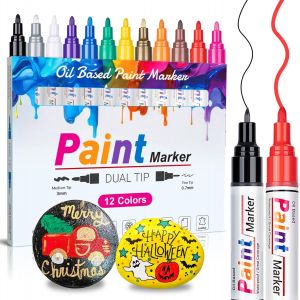 Kalqz-Lot De 12 Marqueurs Permanents Imperméables À Double Pointe-Marqueurs Permanents Colorés-Pour Pierres,Bois,Verre,Céramique,Plastique,Métal,Travaux Manuels - Neuf