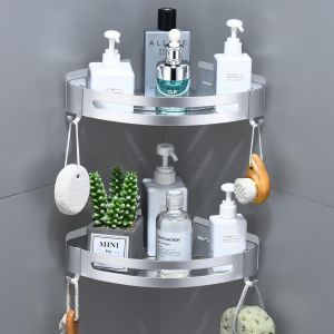 Etagere Douche Sans Percage, 2 Pi&egrave;ces, &Eacute;tag&egrave;re Angle Salle de Bain en Alliage de Aluminium Antirouille, Porte Douche Avec 4 Crochets per Shampoing, Installation Adh&eacute;sive (Argent Brillant) - Neuf