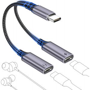 MEVRONISSHOP-R&eacute;partiteur Double USB C 2 en 1, Adaptateur USB-C Audio et Charge USBC vers Doubleur USBC Adaptateur Type-C &Eacute;couteurs et Charge pour iPhone 16 15 Pro Max iPad Samsung S25 S24 S23, Gris - Neuf