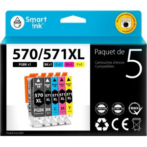 Compatible Cartouche d'encre de Remplacement pour Canon PGI 570 XL 570XL CLI 571 XL 571XL 5 Pack(PGBK & BK/C/M/Y) pour PIXMA MG5750 5751 6850 6853 TS5050 5055 6050 6052 5752 6851 5053 6051 - Neuf