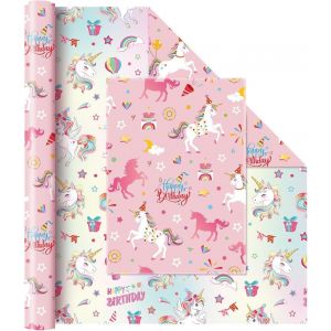 Tianyi-Papier Cadeau Licorne - 1 Rouleau Papier Cadeau D'anniversaire Licorne Pour Filles Enfants Rose R&eacute;versible Emballage Cadeau D'anniversaire Licorne D&eacute;coration D'emballage 43cm X 10m - Neuf