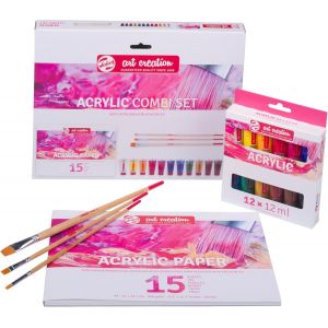 Tianyi-Papier Combiset Acrylique, 12 X 12 Ml Couleurs, 15 Feuilles A4, 3 Pinceaux, Idéal Pour Les Débutants, Set De Peinture Acrylique Polyvalent - Neuf