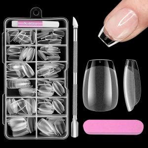 Cercueil Capsules Ongles Court, 120 Pi&egrave;ces Capsule Americaine Ongle Court 12 Tailles Faux Ongles Carr&eacute; Avec Colle, Blocs De Polissoirs Ongles, Pousse-Cuticules, Kit Capsule Ongle Gel - Neuf