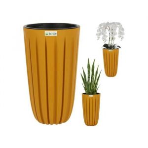 Pot De Fleurs Cache-Pot Bac &Agrave; Fleurs Avec Insert, Couleur Jaune Rond &Oslash; 29 Cm, H 50 Cm Belles Rainures &Eacute;l&eacute;gantes Plastique Mat Modern - Neuf