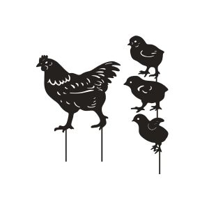 Lot de 4 statues de poules et poussins en m&eacute;tal, &agrave; planter dans le jardin. - Neuf