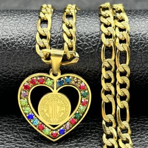 Collier M&eacute;daille De Saint Beno&icirc;t En Cristal Color&eacute; Pour Femmes Et Hommes,Cha&icirc;ne De Couleur Or En Acier Inoxydable,Bijoux San Benito N8391s05--C 55cm Nk 3b1hua Gd - Neuf