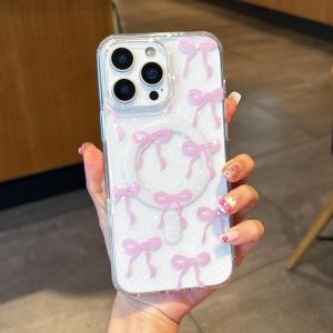 TRAHOO-Coque Magnétique pour iPhone 16 Pro Transparent Étui avec Recharge sans Fil, Housse de Téléphone en Motif Noeud pailleté Antichoc Bumper Cover Case pour Filles Femme, Rose pailleté - Neuf