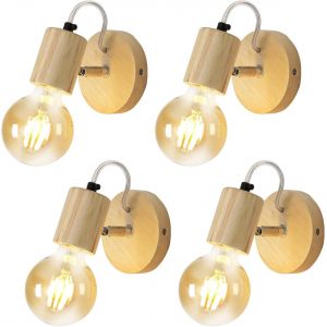 4 Pi&egrave;ces Applique Murale Int&eacute;rieure, Applique Murale Chambre, Rotation 350&deg; Lampe Murale Bois, R&eacute;tro E27 Luminaire Interieur Pour Chambre Salon Couloir Salle &Agrave; Manger - Neuf