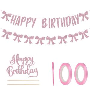Checarzhn--No1-Lot De 2 Bannières De Fête D'anniversaire, Bannière « Joyeux Anniversaire » Bannière À Noud Rose Avec Insert De Gâteau Pour Décorations D'anniversaire Coquettes À Thème De Noud - Neuf