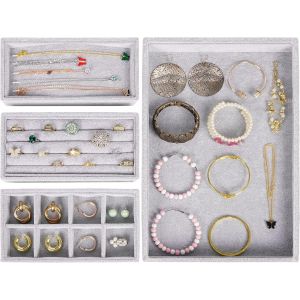 Tianyi-Plateau Bijoux Empilable En Velours Gris (Lot De 4) - 35,3 X 24,2 Cm - Rangement Bijoux Tiroir - Sections Amovibles Pour Colliers, Bagues, Bracelets Et Boucles D'oreilles - Neuf