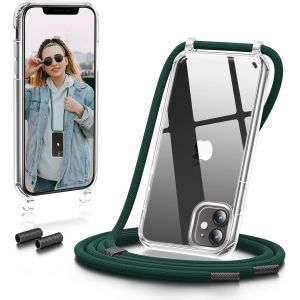 Coque Iphone 11 (6,1'') Transparente Antichoc En Tpu Avec Cordon De Cou Réglable - Bandoulière Suspendue, Protection Des Coins, Vert Foncé - Neuf