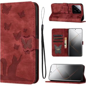 Kal-Housse Protection Pour Xiaomi 14 Pro Mat&eacute;riau En Cuir Pu De Qualit&eacute; Sup&eacute;rieure Coque Xiaomi 14 Pro Avec Fentes Pour Cartes Motif Papillon Chat &Eacute;tui Xiaomi 14 Pro Rouge - Neuf