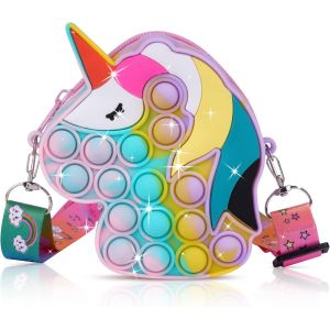 Pop Sac à Bandoulière Fille, 2 en 1 Licorne Sac Pop Fidget Toy, Push Bubble Jouets Petit Sac à Main en Silicone, Longueur de[1341] - Neuf
