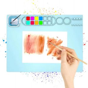 AYUHR-Tapis Peinture Silicone, Tapis de Peinture Enfant Silicone, Tapis Silicone Peinture Antiadhésif Lavable avec 1 Tasse Pliable, Tapis Silicone Peinture Enfant Portable pour Maison École (Bleu) - Neuf