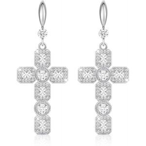 Boucles D'oreilles Suspendues En Forme De Croix,Argent Et Or,Bijoux Tendance,Boucles D'oreilles À Pendentif En Forme De Croix En Moissanite,Pierre De Naissance Et Strass.[X2182] - Neuf